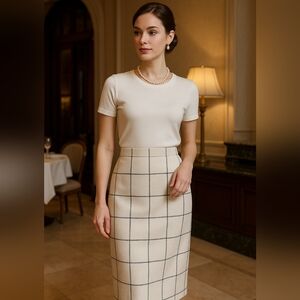 Elegant Cream Checkered Skirt, Adrienne Vittadini Windowpane Pencil Skirt, Small